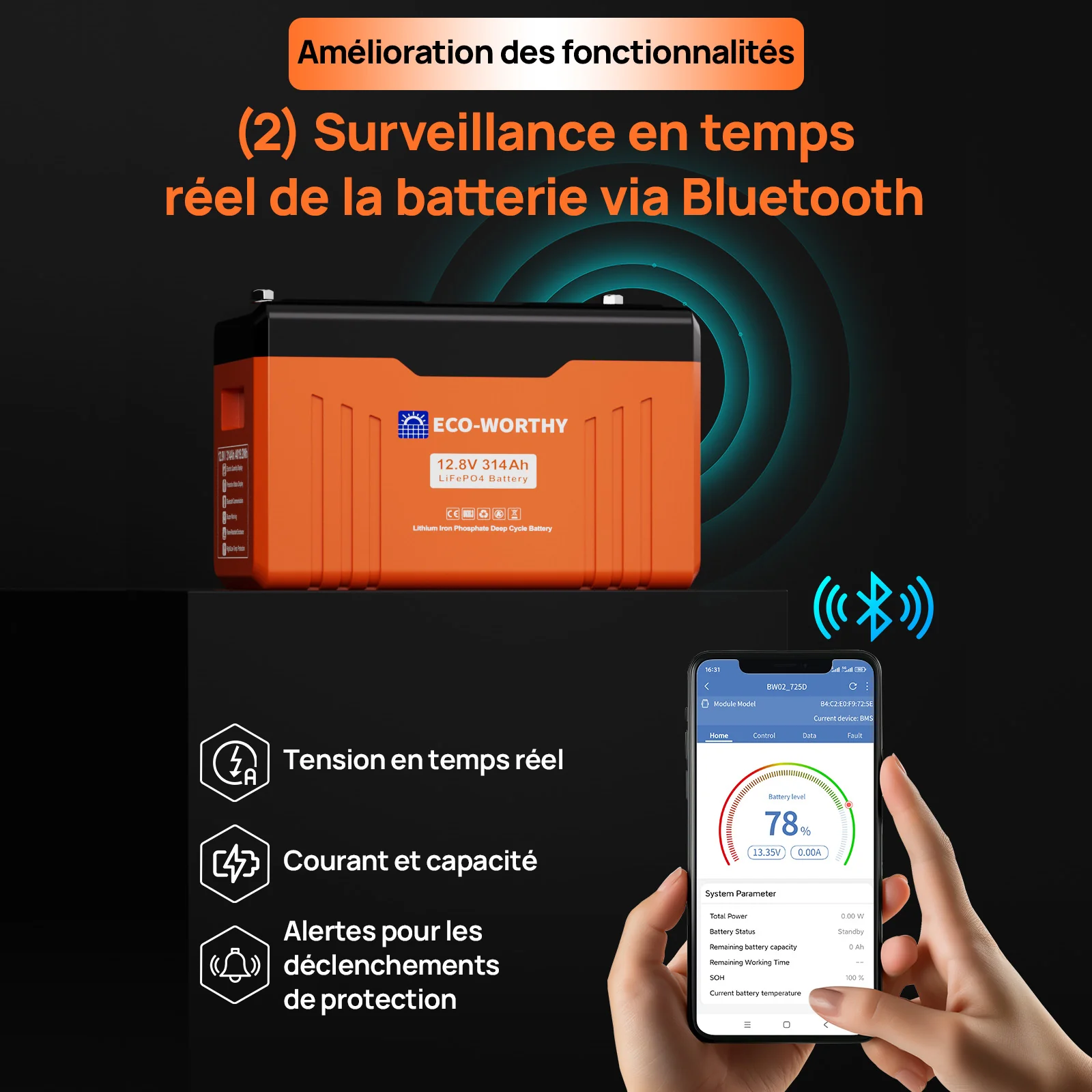 Eco-Worthy Batterie Lithium 12V 314Ah LiFePO4 Bluetooth Avec Indicateur LED (Données SOC et Niveau de Batterie) - Image 5